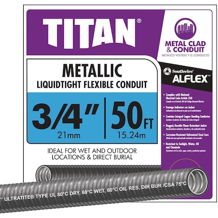 Southwire Flexible Metallic Conduit, 3/4 in Trade Size, 50 ft, Unfinished, Gray 55082722